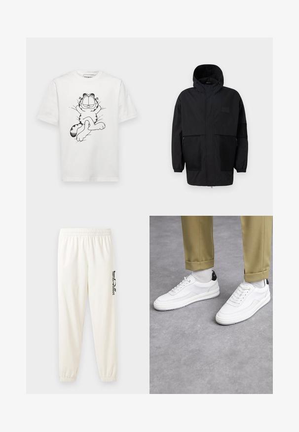 Veste à capuche noire en tissu léger, dotée de panneaux en mesh, d'une fermeture éclair à l'avant et de poignets élastiques pour un ajustement réglable.; Iceberg T-shirt imprimé - ecru; Pantalons de survêtement beige clair avec une taille élastique et des poignets élastiques. Présente un logo imprimé noir sur la jambe gauche. Texture de tissu douce.; Baskets blanches avec une finition en cuir texturé, bout arrondi et accent noir au talon. Semelle en caoutchouc avec un petit motif de sculpture et des détails cousus.