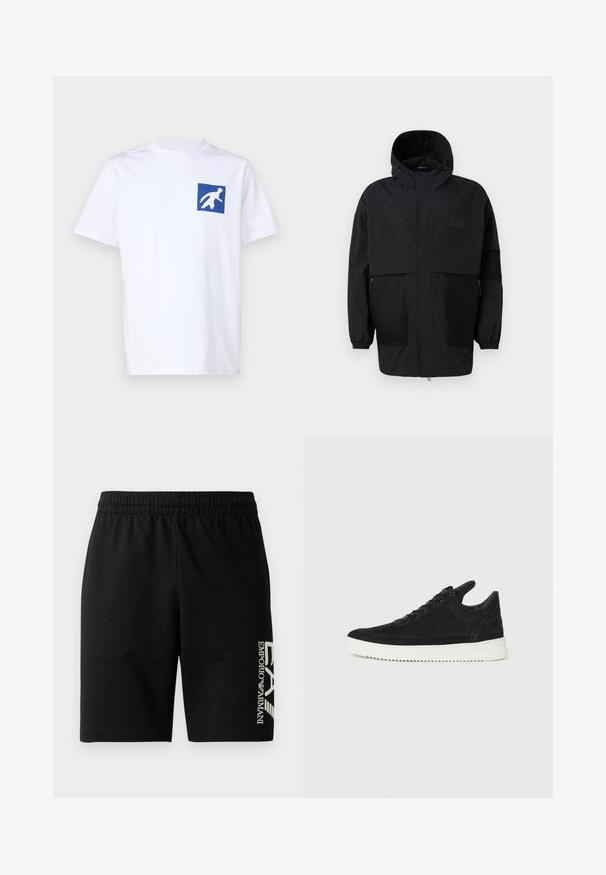 Melnā kapučjaka, kas izgatavota no viegla auduma, ar acs paneļiem, priekšējo rāvējslēdzēju un elastīgām aprocēm, kas nodrošina regulējamu piegulšanu.; Balts kokvilnas T-krekls ar brīvu piegriezumu, kurā ir zilas krāsas kvadrātveida grafika ar baltu siluetu kreisajā krūtī.; EA7 Emporio Armani TRAIN VISIBILITY - Šorti - black/cream; Melna zamša apavi ar baltu gumijas zoli, ar tonālu izšuvumu un auklu dizainu. Gluda tekstūra ar mūsdienīgu, plūstošu formu.