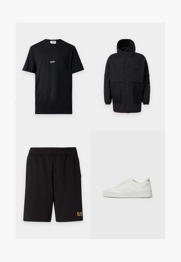 Fekete kapucnis dzseki, könnyű anyagból készült, hálós panelek, elülső cipzár és állítható illeszkedést biztosító rugalmas mandzsetták jellemzik.; Fekete pamut póló kerek nyakkal és rövid ujjal. Elöl fehér "MSGM" logó található középen. Simább textúra, normál fazon.; Fekete sportnadrág puha anyagból, rugalmas derékkal és egy kis sárga EA7 logóval a bal alsó lábszáron.; Fehér bőr sportcipő sima felülettel, kerek orral, lapos fűzőkkel és texturált talppal. Finom logó található a sarokon.