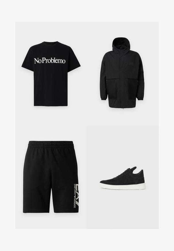 Czarna kurtka z kapturem, wykonana z lekkiego materiału, z siateczkowymi panelami, z zamek błyskawicznym z przodu oraz elastycznymi mankietami dla regulowanego dopasowania.; Czarna bawełniana koszulka z krótkim rękawem i okrągłym dekoltem. Na przodzie znajduje się napis "No Problemo" dużą białą czcionką.; EA7 Emporio Armani - Szorty; Czarne zamszowe sneakersy z białą gumową podeszwą, z tonalnym przeszyciem i sznurowanym zapięciem. Gładka tekstura, nowoczesny, smukły kształt.