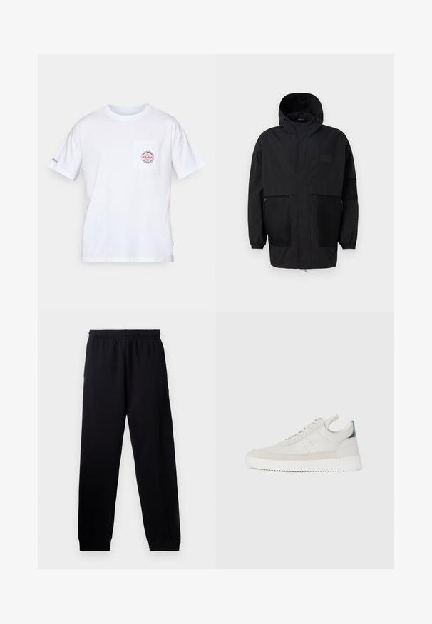 Czarna kurtka z kapturem, wykonana z lekkiego materiału, z siateczkowymi panelami, z zamek błyskawicznym z przodu oraz elastycznymi mankietami dla regulowanego dopasowania.; Biała bawełniana koszulka z okrągłym dekoltem, krótkimi rękawami i kieszonką z przodu, ozdobiona czerwono-niebieskim logo. Standardowy krój.; Czarne spodnie dresowe z elastycznym pasem, zwężanymi nogawkami i teksturowanym logo po lewej stronie. Wykonane z miękkiego, lekkiego materiału.; Białe skórzane trampki z szarymi zamszowymi akcentami, sznurowany design, uchwyt oraz teksturowana gumowa podeszwa z wzorem w zygzak.