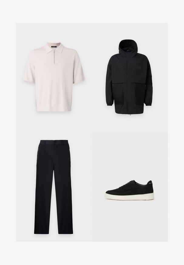Fekete kapucnis dzseki, könnyű anyagból készült, hálós panelek, elülső cipzár és állítható illeszkedést biztosító rugalmas mandzsetták jellemzik.; Világos bézs rövid ujjú póló, cipzáras nyakkal és bordás szegéllyel, puha kötött anyagból készült. Klasszikus galléros dizájn jellemzi.; Fekete nadrág könnyű, textúrált anyagból, egyenes szárú kialakítással, rugalmas derékpánttal és oldalsó cipzáras zsebekkel.; Fekete velúr sportcipő fűzős dizájnnal és kontrasztos fehér gumitalppal. Jellemzői a textúrázott oldalpanelek és a diszkrét logó a sarokon.
