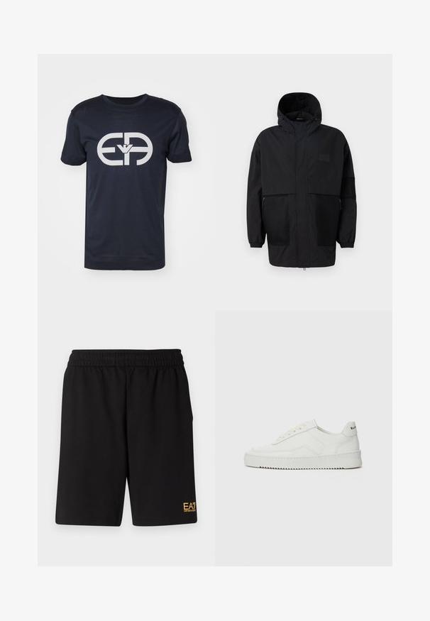 Czarna kurtka z kapturem, wykonana z lekkiego materiału, z siateczkowymi panelami, z zamek błyskawicznym z przodu oraz elastycznymi mankietami dla regulowanego dopasowania.; Granatowa bawełniana koszulka, krótki rękaw, okrągły dekolt. Posiada duże białe logo z przodu, płaskie wykończenie u dołu oraz standardowy krój.; Czarne sportowe szorty wykonane z miękkiego materiału, z elastycznym paskiem w talii oraz małym, żółtym logo EA7 na dolnej lewej nodze.; Białe skórzane sneakersy o gładkim wykończeniu, okrągłym nosku, płaskich sznurówkach i teksturowanej podeszwie. Charakteryzują się delikatnym logo na pięcie.