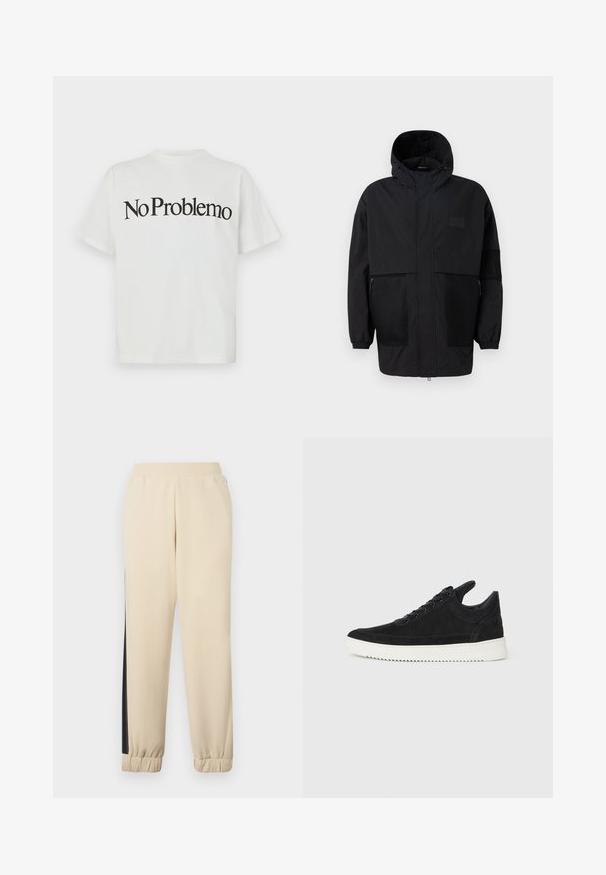 Musthave musta kapuutsiga jakk, mis on valmistatud kergest kangast, koos võrgupaneelide, ees oleva tõmbluku ja elastsete mansettidega kohandatava sobivuse jaoks.; Valge puuvillane T-särk lühikeste varrukate ja ümarate kaelustega. Esiosas on musta teksti, mis ütleb "No Problemo" julge ja kaarekujulise fondiga.; Kreemivärvi dressipüksid mustade külgriidega, elastne vöökoht ja soonikud pahkluude juures. Pehme kangas ja mugav lõige.; Must mustel kingad valge kummist tallaga, millel on toon-toonis õmblused ja paeltega disain. Sile tekstuur ja moodne, voolujooneline kuju.