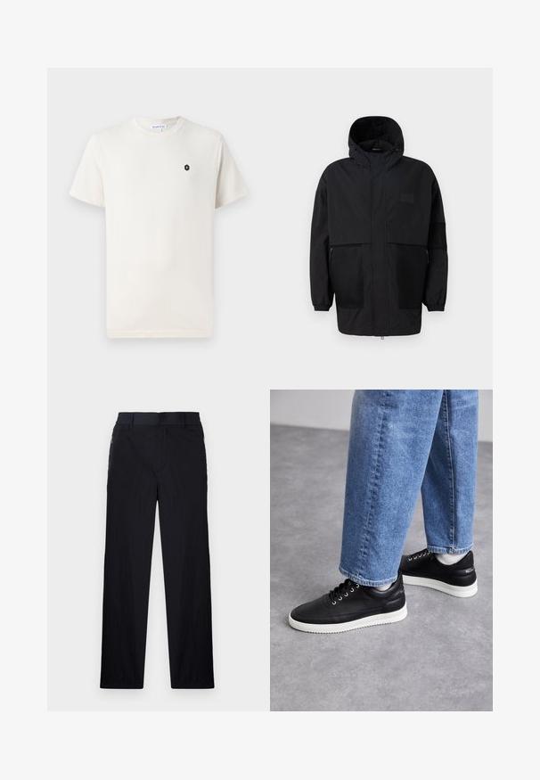 Czarna kurtka z kapturem, wykonana z lekkiego materiału, z siateczkowymi panelami, z zamek błyskawicznym z przodu oraz elastycznymi mankietami dla regulowanego dopasowania.; Kremowa bawełniana koszulka z krótkim rękawem, okrągłym dekoltem i małym czarnym heksagonowym logo po lewej stronie klatki piersiowej. Gładka tekstura.; Czarne spodnie wykonane z lekkiego, teksturowanego materiału, o prostym kroju, z elastycznym paskiem i bocznymi kieszeniami na zamek.; Czarne skórzane trampki z białymi gumowymi podeszwami, z okrągłymi sznurówkami, gładką powierzchnią i subtelnym logo na pięcie. Noszone z niebieskimi dżinsami.