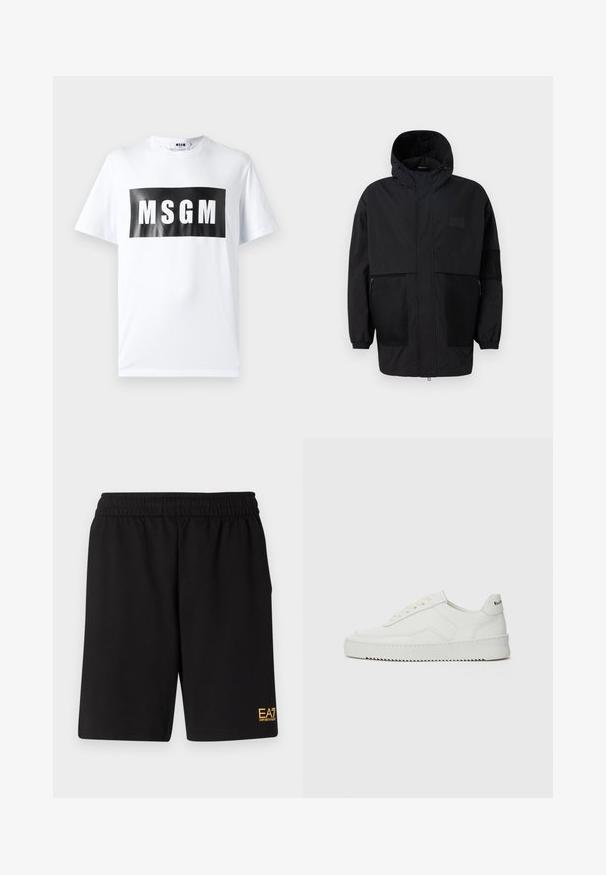 Juodas gobtuvu džemperis, pagamintas iš lengvo audinio, turi tinklinės juosteles, priekinį užtrauktuką ir elastingus rankogalius, leidžiančius pritaikyti dydį.; Balta medvilnės marškinėliai su dideliu juodu stačiakampiu spaudiniu, ant kurio yra užrašyta "MSGM" storomis baltomis raidėmis. Trumpomis rankovėmis ir apvalia iškirpte.; Juoda sportinė šortai, pagaminti iš minkštos medžiagos, su elastingu diržu ir maža geltona EA7 logo apatinėje kairėje kojoje.; Balti odiniai sportiniai bateliai su lygia apdaila, apvaliu pirštu, plokščiais raišteliais ir tekstūruotu padu. Pasižymi subtiliu logotipu ant kulno.