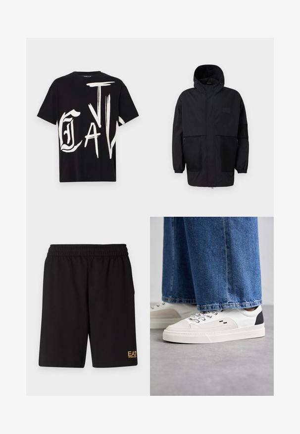 Casaco preto com capuz, feito de um tecido leve, apresentando painéis de malha, um fecho éclair frontal e punhos elásticos para um ajuste ajustável.; T-shirt preto de manga curta com um ousado design gráfico branco, apresentando letras grandes e estilizadas na parte da frente. Fabricado em algodão, com decote redondo.; Calções desportivos pretos feitos de um tecido suave, com um cós elástico e um pequeno logótipo amarelo EA7 na parte inferior da perna esquerda.; Sapatilhas brancas e pretas com um upper de couro suave, detalhes texturizados e uma sola branca grossa. Apresenta um design clássico de atacadores.