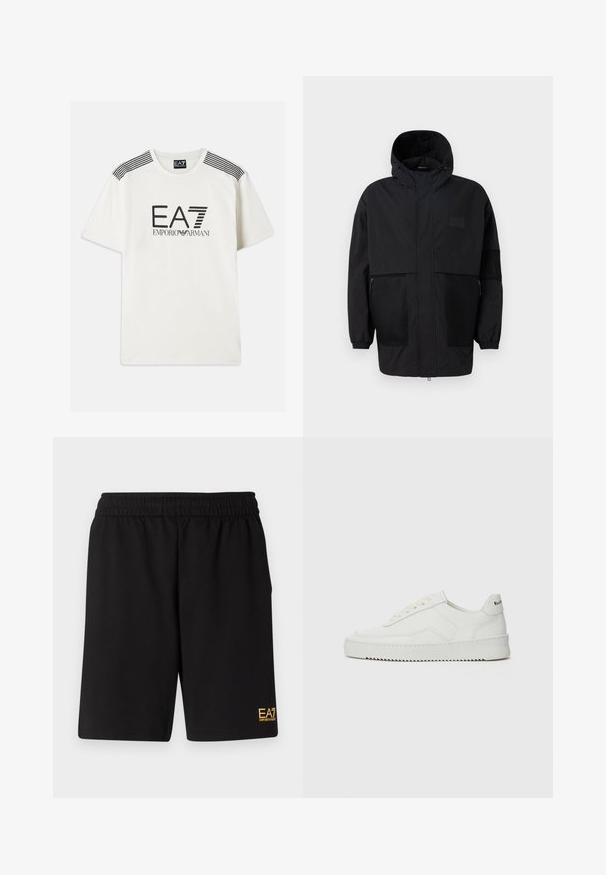 Svart hettejakke laget av lettvektig stoff, med mesh-paneler, en front glidelås og elastiske mansjetter for justerbar passform.; Hvit t-skjorte laget av bomull med svart "EA7 EMPORIO ARMANI" logo. Har svarte striper på skuldrene og en standard rund hals design.; Sorte treningsshorts laget av mykt stoff, med elastisk midje og en liten gul EA7-logo nederst på venstre ben.; Hvite lærersneakers med en jevn overflate, rund tå, flate lisser og en teksturert såle. Har en subtil logo på hælen.