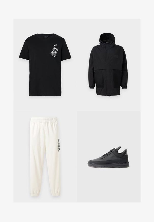 Μαύρο φούτερ τζάκετ από ελαφρύ ύφασμα, με πλέγμα, μπροστινό φερμουάρ και ελαστικούς καρπούς για ρυθμιζόμενη εφαρμογή.; Μαύρη βαμβακερή μπλούζα με γραφικό λευκού λιονταριού στην αριστερή πλευρά του στήθους. Κλασική στρογγυλή λαιμόκοψη, κοντά μανίκια και άνετη εφαρμογή.; Ανοιχτό μπεζ φόρμες με ελαστική ζώνη και ελαστικές μανσέτες. Διαθέτει μαύρο εκτυπωμένο λογότυπο στο αριστερό πόδι. Μαλακή υφή υφάσματος.; Μαύρα δερμάτινα αθλητικά παπούτσια με υφή, σχέδιο με κορδόνια, χαμηλό σχέδιο και γκρι καουτσούκ σόλα με ραβδωτή άκρη.