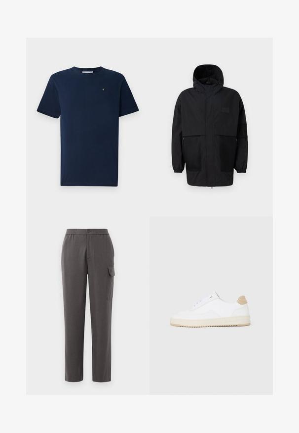 Črna kapuča jakna iz lahkega materiala, ki ima mrežaste panele, sprednje zadrgo in elastične manšete za prilagodljiv fit.; T-maica kratkih rukavov v mornarsko modri barvi, izdelana iz bombaža, z okroglo ovratnikom in majhnim belim emblemom na prsih; gladka tekstura.; Sive hlače z udobnim krojem, izdelane iz gladkega materiala. Imajo gumb z zapiranjem, stranske žepe in žep za orodje na nogi.; Bele nizke superge z zgornjim delom iz teksturirane usnjene površine, smetano obrobljenim podplatom in svetlo rjavo akcentom na peti. Imajo bele vezalke in podrobnost z logotipom na peti.