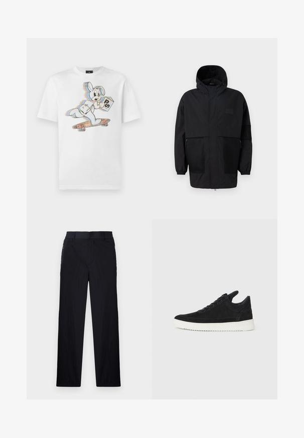 Svart hettejakke laget av lettvektig stoff, med mesh-paneler, en front glidelås og elastiske mansjetter for justerbar passform.; Hvit bomull t-skjorte med et tegneseriekanin på skateboard som holder en bok. Designet inkluderer fargerike detaljer og konturer.; Sorte bukser med lett og teksturert stoff, rett ben-design, elastisk midjebånd og sidelommer med glidelås.; Sorte semskede sneakers med hvit gummisåle, med tonale sømmer og snøring. Glatt tekstur med en moderne, strømlinjeformet form.