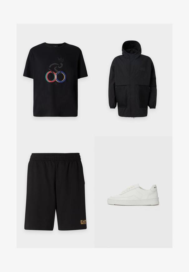 Melnā kapučjaka, kas izgatavota no viegla auduma, ar acs paneļiem, priekšējo rāvējslēdzēju un elastīgām aprocēm, kas nodrošina regulējamu piegulšanu.; Melna T-kreka ar grafisku dizainu, kurā attēloti krāsaini Olimpiskie riņķi, abstrakta velosipēda siluets un kroņa motīvs. Kokvilnas audums.; Melnas sporta šortus, kas izgatavoti no mīksta auduma, ar elastīgu jostu un mazu dzeltenu EA7 logo zem kreisā kājas stūra.; Baltas ādas sneakers ar gludu virsmu, apaļu pirkstu daļu, plakaniem šņorēm un teksturētu zoli. Satur diskrētu logotipu uz papēža.