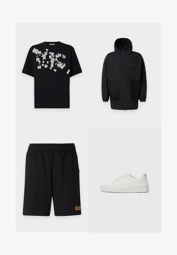Chaqueta negra con capucha hecha de un tejido ligero, con paneles de malla, cremallera frontal y puños elásticos para un ajuste ajustable.; Marni Camiseta estampada - black; Pantalones cortos deportivos negros de tejido suave, con una cintura elástica y un pequeño logo amarillo de EA7 en la parte inferior de la pierna izquierda.; Zapatilla de cuero blanca con un acabado suave, puntera redonda, cordones planos y suela texturizada. Cuenta con un sutil logo en el talón.