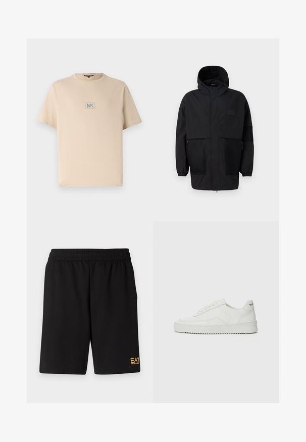 Černá kapucňová bunda vyrobená z lehké tkaniny, s síťovinovými panely, předním zipem a elastickými manžetami pro nastavitelné přizpůsobení.; Béžové bavlněné tričko s krátkým rukávem, kulatým výstřihem a vyšívaným logem "MK" v obdélníkovém rámečku na hrudi. Hladká textura.; Černé sportovní šortky vyrobené z měkké látky, s elastickým pasem a malým žlutým logem EA7 na dolní části levé nohy.; Bílé kožené tenisky s hladkým povrchem, kulatou špičkou, plochými tkaničkami a texturovanou podrážkou. Na patě se nachází nenápadné logo.
