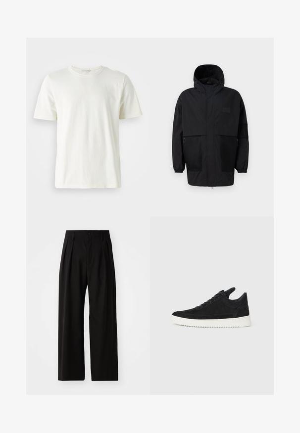 Fekete kapucnis dzseki, könnyű anyagból készült, hálós panelek, elülső cipzár és állítható illeszkedést biztosító rugalmas mandzsetták jellemzik.; Világos krémszínű pamut póló, kerek nyakkivágással és rövid ujjakkal. Simaszerkezet, egyszerű dizájn és laza fazon. Nincsenek minták vagy díszítések.; Fekete, széles lábú nadrág sima textúrával, két elülső redővel, gombos záródással és oldalsó zsebekkel. Tartós anyag.; Fekete nubuk sportcipő fehér gumitalppal, tónusos varrással és fűzős kialakítással. Simák a textúrája, modern, letisztult formával rendelkezik.