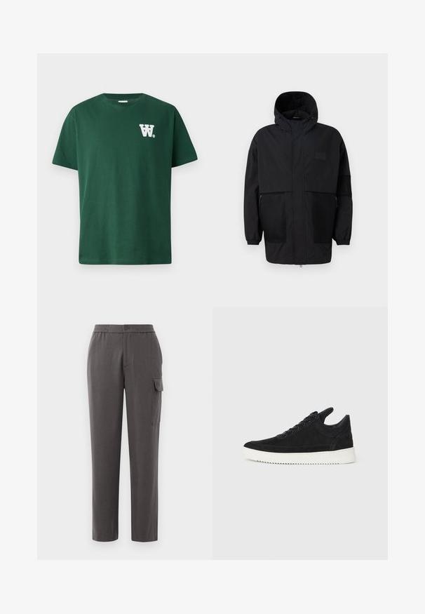 Černá kapucňová bunda vyrobená z lehké tkaniny, s síťovinovými panely, předním zipem a elastickými manžetami pro nastavitelné přizpůsobení.; Zelené bavlněné tričko s kulatým výstřihem a krátkými rukávy, s bílým logem "W" na levé hrudi. Jednoduchý design, bez vzorů.; Šedé kalhoty s volným střihem, vyrobené z hladkého materiálu. Obsahují zapínání na knoflík, boční kapsy a cargo kapsu na nohavici.; Černé semišové tenisky s bílou gumovou podrážkou, s tónovým prošitím a šněrováním. Hladký povrch s moderním, aerodynamickým tvarem.