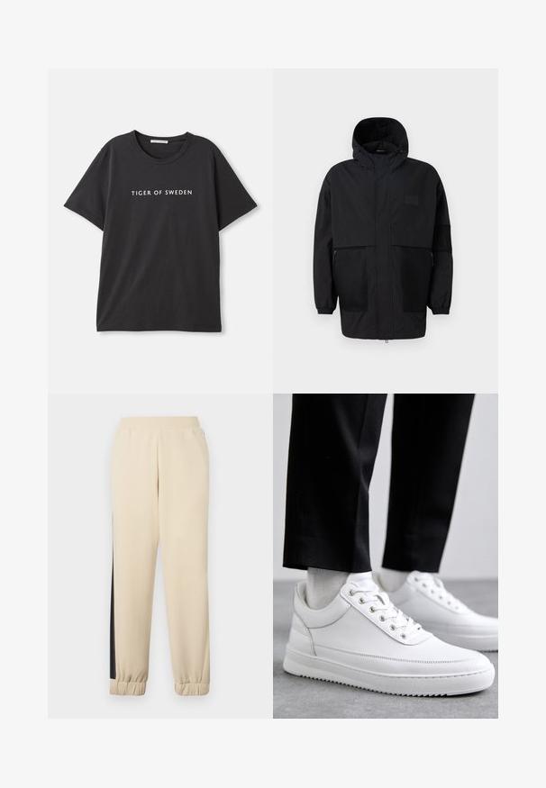 Svart hettejakke laget av lettvektig stoff, med mesh-paneler, en front glidelås og elastiske mansjetter for justerbar passform.; Svart t-skjorte laget av bomull, med korte ermer og rund hals. Teksten "TIGER OF SWEDEN" trykt i hvitt over fronten.; Kremfargede joggebukser med svarte sidehåndtak, elastisk midje og ribbede mansjetter. Mykt stoff med en avslappet passform.; Hvite skinn-sneakers med flat gummi såle, med en glatt finish, rund tå og metalløye for snøring. Båret med svarte bukser.
