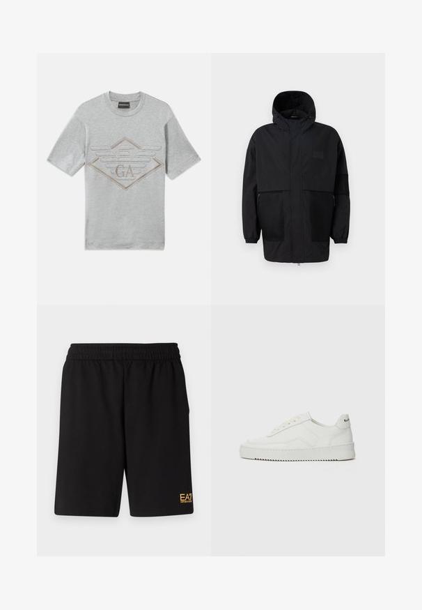 Black hooded jacket made from lightweight fabric, featuring mesh panels, a front zipper, and elastic cuffs for adjustable fit.; Gray short-sleeve t-shirt made of cotton. Features an embroidered diamond logo with "GA" and wing details in beige. Crew neckline.; Black athletic shorts made of soft fabric,Featuring an elastic waistband and a small yellow EA7 logo on the lower left leg.; White leather sneaker with a smooth finish, round toe, flat laces, and a textured sole. Features a subtle logo on the heel.