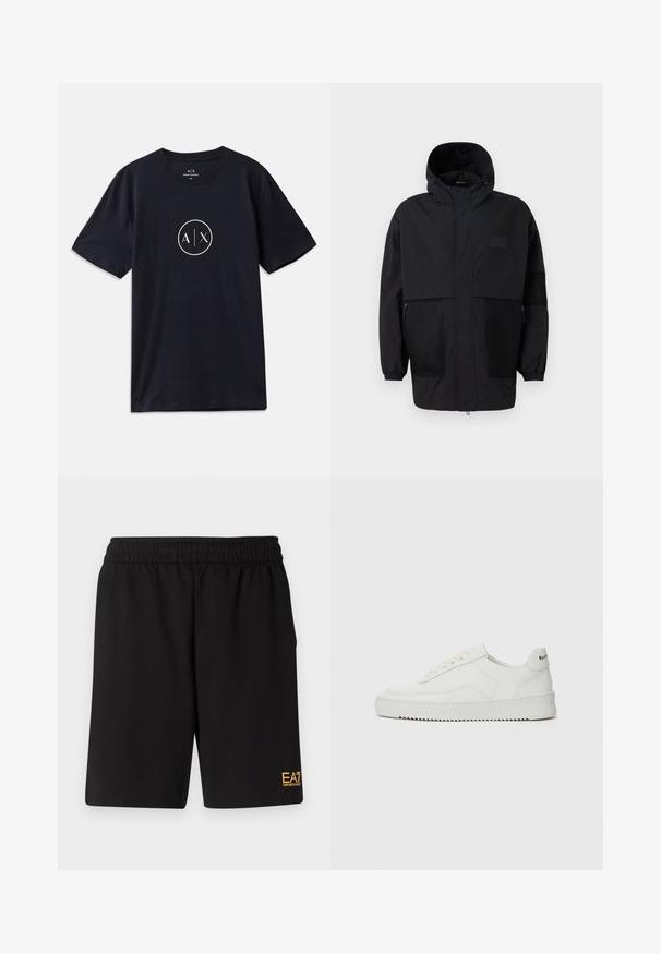 Musthave musta kapuutsiga jakk, mis on valmistatud kergest kangast, koos võrgupaneelide, ees oleva tõmbluku ja elastsete mansettidega kohandatava sobivuse jaoks.; Tumesinane puuvillane t-särk ümmarguse kaelusega, lühikeste varrukatega ja ringikujuline valge logo, mille keskel on tähed "A" ja "X".; Mustad mustad lühikesed püksid, mis on valmistatud pehmest kangast. Omavad elastset vöökohta ja väikest kollast EA7 logo vasakul jalal.; Valge nahast tennis, millel on sile põhi, ümar varvas, lamedad nöörid ja tekstuuriline tall. Sisaldab diskreetset logo kontsaribal.