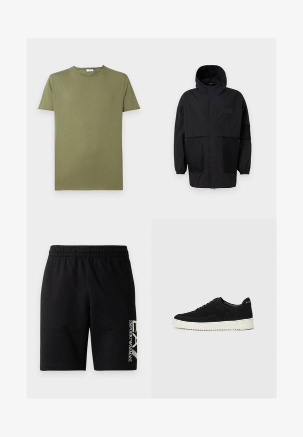 Musta huppari, joka on valmistettu kevyestä kankaasta, sisältäen verkkopaneeleja, etuvetoketjun ja joustavat hihansuut säädettävää istuvuutta varten.; Oliivinvihreä t-paita, joka on valmistettu pehmeästä puuvillasta, jossa on klassinen pyöreä kaula-aukko ja lyhyet hihat. Kankaan pinta on sileä ja tasainen.; EA7 Emporio Armani TRAIN VISIBILITY - Shortsit - black/cream; Mustat mokkakengät nauhoilla ja kontrastivalkoisella kumipohjalla. Varustettu teksturoiduilla sivupaneeleilla ja huomaamattomalla brändäyksellä kantapäässä.