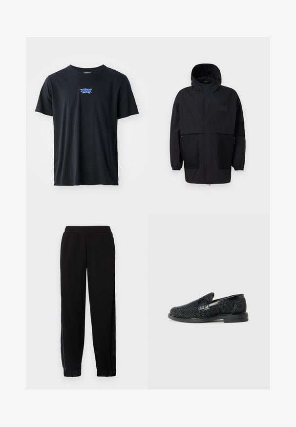 Musta huppari, joka on valmistettu kevyestä kankaasta, sisältäen verkkopaneeleja, etuvetoketjun ja joustavat hihansuut säädettävää istuvuutta varten.; Musta puuvillainen t-paita lyhyillä hihoilla ja pyöreällä pääntiellä. Rintakehässä on sininen logo. Yksinkertainen, klassinen muotoilu.; Mustat jogger-housut pehmeästä kankaasta, joissa on joustava vyötärö, resorit, ja sivuverkko-paneelit lisäilmastusta varten.; Musta kudottu liukupohjallinen kenka, jossa on sileä nahkakorostus päällisessä, pyöreä kärki ja matala kumipohja.