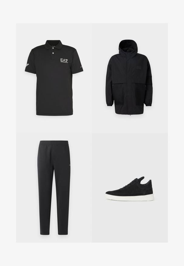 Svart hettejakke laget av lettvektig stoff, med mesh-paneler, en front glidelås og elastiske mansjetter for justerbar passform.; Svart polo-skjorte laget av glatt stoff, med en to-knapps placket, EA7-logo på brystet, og ventilerte detaljer på ermene.; Sorte joggebukser laget av myk stoff, med elastisk midjebånd, rette ben og en liten logo detalj på siden.; Sorte semskede sneakers med hvit gummisåle, med tonale sømmer og snøring. Glatt tekstur med en moderne, strømlinjeformet form.