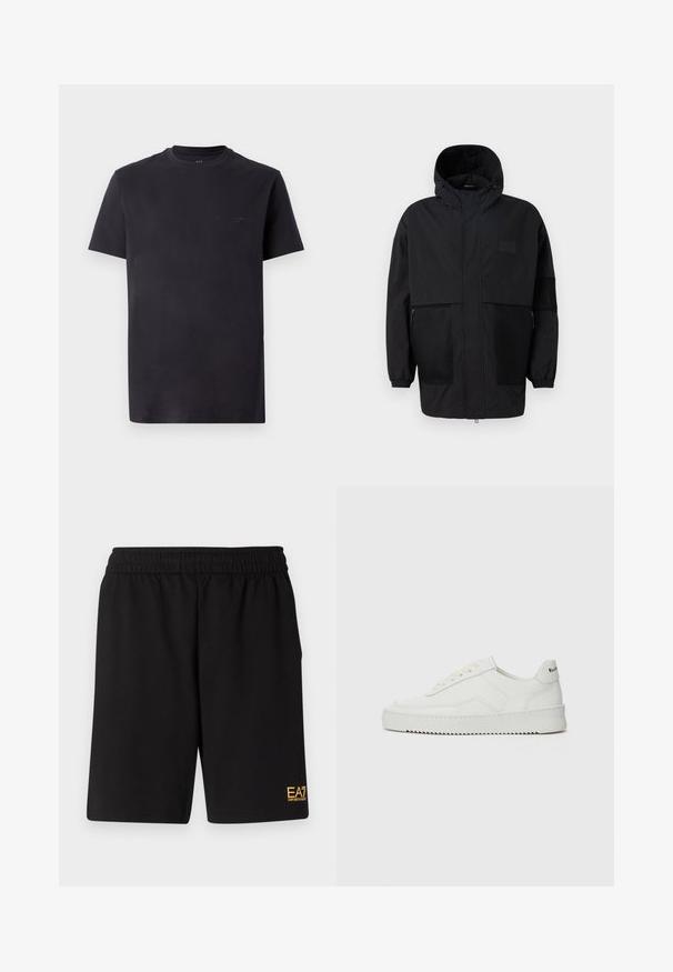 Černá kapucňová bunda vyrobená z lehké tkaniny, s síťovinovými panely, předním zipem a elastickými manžetami pro nastavitelné přizpůsobení.; Černé bavlněné tričko s kulatým výstřihem, krátkými rukávy a embosovaným detailem loga na hrudi. Hladká textura, volný střih.; Černé sportovní šortky vyrobené z měkké látky, s elastickým pasem a malým žlutým logem EA7 na dolní části levé nohy.; Bílé kožené tenisky s hladkým povrchem, kulatou špičkou, plochými tkaničkami a texturovanou podrážkou. Na patě se nachází nenápadné logo.