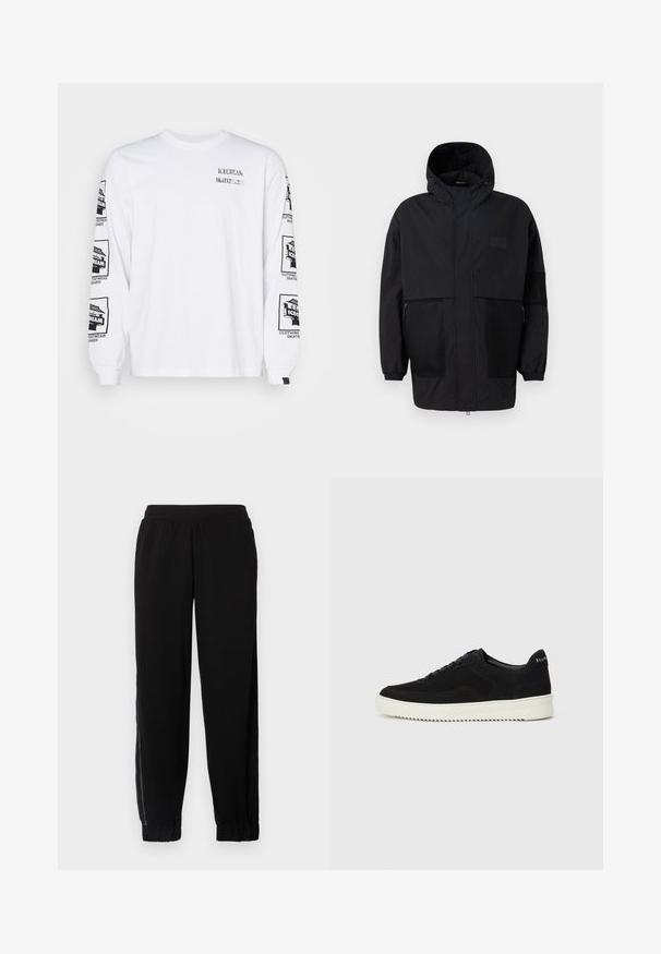 Musta huppari, joka on valmistettu kevyestä kankaasta, sisältäen verkkopaneeleja, etuvetoketjun ja joustavat hihansuut säädettävää istuvuutta varten.; Valkoinen pitkähihaista T-paitaa, joka on valmistettu puuvillasta ja jossa on mustat painatukset sekä hihoissa että etusivulla, ribbireunuksilla.; Mustat jogger-housut pehmeästä kankaasta, joissa on joustava vyötärö, resorit, ja sivuverkko-paneelit lisäilmastusta varten.; Mustat mokkakengät nauhoilla ja kontrastivalkoisella kumipohjalla. Varustettu teksturoiduilla sivupaneeleilla ja huomaamattomalla brändäyksellä kantapäässä.