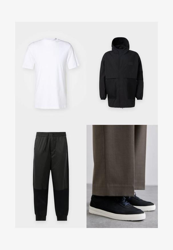 Black hooded jacket made from lightweight fabric, featuring mesh panels, a front zipper, and elastic cuffs for adjustable fit.; White short-sleeve T-shirt made of cotton, featuring a round neckline and straight hem. Smooth texture and no visible patterns or accents.; Black athletic pants featuring a blend of smooth and textured fabrics, elastic waistband with drawstring, and tapered cuffs.; Black suede sneakers with white rubber soles, featuring a rounded toe and laces, worn with gray tailored pants.