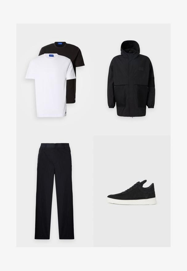 Juodas gobtuvu džemperis, pagamintas iš lengvo audinio, turi tinklinės juosteles, priekinį užtrauktuką ir elastingus rankogalius, leidžiančius pritaikyti dydį.; Du kompiuteriniai marškiniai, sudėti vienas ant kito: vieni balti, kiti juodi. Trumpomis rankovėmis, apvaliais iškirpimais, pagaminti iš medvilnės. Išskirtinė savybė - mažas mėlynas logotipas ant iškirpimo.; Juodos kelnės, pagamintos iš lengvos tekstūruotos medžiagos, tiesaus silueto, su elastingu juosmeniu ir šoniniais užtrauktukų kišenėmis.; Juodų suede sportbačių su balta gumine padu, su toniniais siuvinėjimais ir raištelių užsegimu. Sklandus paviršius su šiuolaikine, laiko forma.