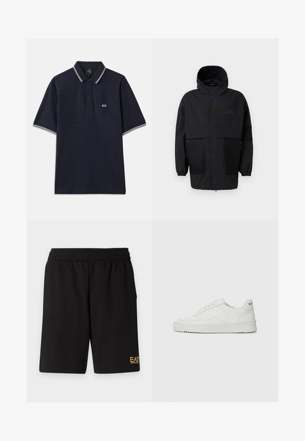 Black hooded jacket made from lightweight fabric, featuring mesh panels, a front zipper, and elastic cuffs for adjustable fit.; Navy polo shirt made of cotton with a classic collar, two-button placket, and white striped accents on the sleeves. Small logo on the chest.; Black athletic shorts made of soft fabric,Featuring an elastic waistband and a small yellow EA7 logo on the lower left leg.; White leather sneaker with a smooth finish, round toe, flat laces, and a textured sole. Features a subtle logo on the heel.