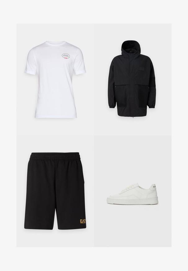 Schwarze Kapuzenjacke aus leichtem Stoff, mit Netzpaneelen, einem Frontreißverschluss und elastischen Bündchen für eine verstellbare Passform.; Weißes Baumwoll-T-Shirt mit kurzen Ärmeln, Rundhalsausschnitt und einem Logo mit floralen Akzenten auf der linken Brustseite.; Schwarze Sportshorts aus weichem Material, mit einem elastischen Bund und einem kleinen gelben EA7-Logo am unteren linken Bein.; Weiße Ledersneaker mit glatter Oberfläche, runder Zehenpartie, flachen Schnürsenkeln und strukturiertem Sohlenprofil. Mit einem dezenten Logo an der Ferse.