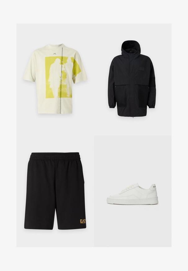 Casaco preto com capuz, feito de um tecido leve, apresentando painéis de malha, um fecho éclair frontal e punhos elásticos para um ajuste ajustável.; A-COLD-WALL* DECIBEL - T-shirt estampada - beige bone; Calções desportivos pretos feitos de um tecido suave, com um cós elástico e um pequeno logótipo amarelo EA7 na parte inferior da perna esquerda.; Sapatilha de couro branco com acabamento suave, bico redondo, atacadores planos e uma sola texturizada. Apresenta um logotipo discreto no calcanhar.