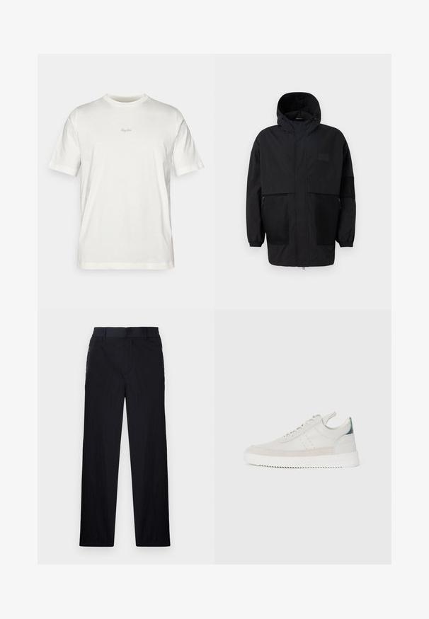 Chaqueta negra con capucha hecha de un tejido ligero, con paneles de malla, cremallera frontal y puños elásticos para un ajuste ajustable.; Camiseta blanca de algodón con mangas cortas, cuello redondo y un sutil logo gris "Rapha" centrado en el pecho. Textura suave.; Pantalones negros con una tela ligera y texturizada, diseño de pierna recta, cinturilla elástica y bolsillos laterales con cremallera.; Zapatillas de cuero blancas con acentos de ante gris, diseño con cordones, asa de tirón y suela de goma texturizada con un patrón en zigzag.