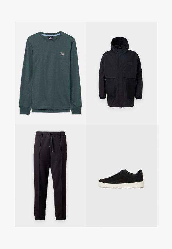 Črna kapuča jakna iz lahkega materiala, ki ima mrežaste panele, sprednje zadrgo in elastične manšete za prilagodljiv fit.; Dolga majica temno zelene barve s krožnim izrezom, z manjšim barvitim logotipom zebre na levi prsi in rebrastimi manžetami.; Črne hlače z pasom, vrvico in elastičnimi manšeti. Imajo nabore in gladko teksturirano blago.; Črni semiš teniški copati z vezalkami in kontrastnim belim gumijastim podplatom. Imajo teksturirane stranske panele in subtilno oznako na peti.