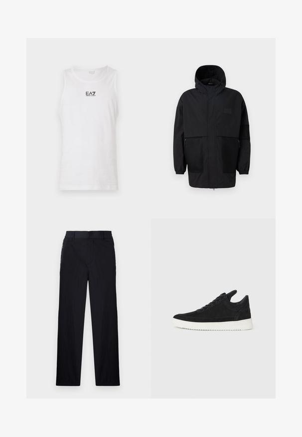 Fekete kapucnis dzseki, könnyű anyagból készült, hálós panelek, elülső cipzár és állítható illeszkedést biztosító rugalmas mandzsetták jellemzik.; Fehér ujjatlan trikó, pamutból készült, fekete EA7 logóval a mellrészen és kerek nyakkivágással. Sima textúra, laza kialakítás.; Fekete nadrág könnyű, textúrált anyagból, egyenes szárú kialakítással, rugalmas derékpánttal és oldalsó cipzáras zsebekkel.; Fekete nubuk sportcipő fehér gumitalppal, tónusos varrással és fűzős kialakítással. Simák a textúrája, modern, letisztult formával rendelkezik.