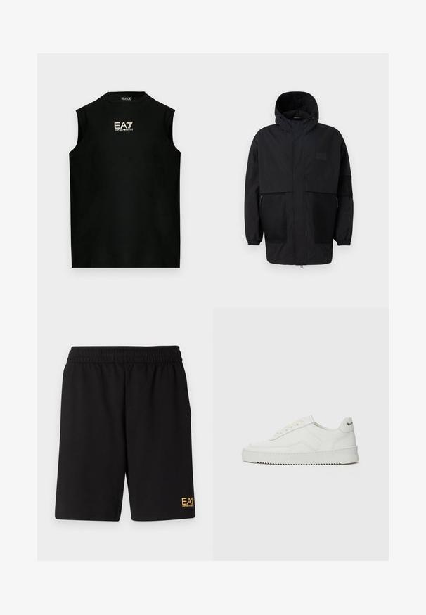 Melnā kapučjaka, kas izgatavota no viegla auduma, ar acs paneļiem, priekšējo rāvējslēdzēju un elastīgām aprocēm, kas nodrošina regulējamu piegulšanu.; Melna bezroku krekls no kokvilnas ar apaļu kaklu un priekšpusē izšūtu zelta krāsas EA7 logo. Gluda tekstūra.; Melnas sporta šortus, kas izgatavoti no mīksta auduma, ar elastīgu jostu un mazu dzeltenu EA7 logo zem kreisā kājas stūra.; Baltas ādas sneakers ar gludu virsmu, apaļu pirkstu daļu, plakaniem šņorēm un teksturētu zoli. Satur diskrētu logotipu uz papēža.