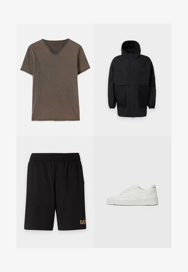 Schwarze Kapuzenjacke aus leichtem Stoff, mit Netzpaneelen, einem Frontreißverschluss und elastischen Bündchen für eine verstellbare Passform.; Braunes T-Shirt mit kurzen Ärmeln und V-Ausschnitt, vier dekorativen Knöpfen am Hals und kontrastierenden Nähten entlang der Kanten.; Schwarze Sportshorts aus weichem Material, mit einem elastischen Bund und einem kleinen gelben EA7-Logo am unteren linken Bein.; Weiße Ledersneaker mit glatter Oberfläche, runder Zehenpartie, flachen Schnürsenkeln und strukturiertem Sohlenprofil. Mit einem dezenten Logo an der Ferse.