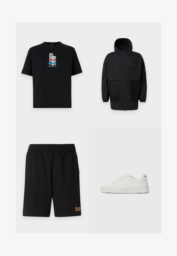 Melnā kapučjaka, kas izgatavota no viegla auduma, ar acs paneļiem, priekšējo rāvējslēdzēju un elastīgām aprocēm, kas nodrošina regulējamu piegulšanu.; Melnas kokvilnas T-krekls ar apaļu kaklu, tajā ir daudzkrāsains grafiskais attēls un teksts, kurā ir zebras motifs un "Paul Smith".; Melnas sporta šortus, kas izgatavoti no mīksta auduma, ar elastīgu jostu un mazu dzeltenu EA7 logo zem kreisā kājas stūra.; Baltas ādas sneakers ar gludu virsmu, apaļu pirkstu daļu, plakaniem šņorēm un teksturētu zoli. Satur diskrētu logotipu uz papēža.
