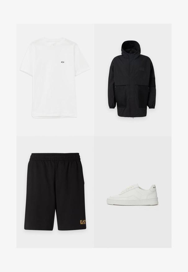Musthave musta kapuutsiga jakk, mis on valmistatud kergest kangast, koos võrgupaneelide, ees oleva tõmbluku ja elastsete mansettidega kohandatava sobivuse jaoks.; Valge puuvillane t-särk lühikeste varrukatega ja ümar kaelusega, vasakul rinnal on väike must logo. Sujuv tekstuur, lihtne disain.; Mustad mustad lühikesed püksid, mis on valmistatud pehmest kangast. Omavad elastset vöökohta ja väikest kollast EA7 logo vasakul jalal.; Valge nahast tennis, millel on sile põhi, ümar varvas, lamedad nöörid ja tekstuuriline tall. Sisaldab diskreetset logo kontsaribal.