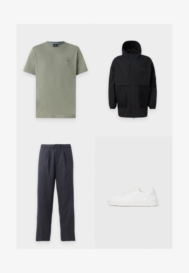 Svart hettejakke laget av lettvektig stoff, med mesh-paneler, en front glidelås og elastiske mansjetter for justerbar passform.; Olivengrønn bomull T-skjorte med rund hals, kortermet og et lite brodert design på venstre bryst. Glatt tekstur, avslappet passform.; Mørkeblå bukser laget av mykt stoff med plisserte detaljer foran og elastisk midje. Har knappelukking og rett ben.; Hvit sneaker med en glatt skinnoverdel, avrundet tå, snøring, teksturerte sideakenter og en tykkgummisåle. Minimalistisk design.