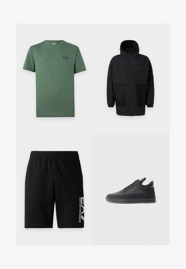 Melnā kapučjaka, kas izgatavota no viegla auduma, ar acs paneļiem, priekšējo rāvējslēdzēju un elastīgām aprocēm, kas nodrošina regulējamu piegulšanu.; Zaļš kokvilnas T-krekls ar apaļu izgriezumu un īsām piedurknēm, kreisajā krūšu rajonā neliels melns logotips. Gluda tekstūra, ikdienišķs piegriezums.; EA7 Emporio Armani TRAIN VISIBILITY - Šorti - black/cream; Melnas ādas sporta kurpes ar teksturētu virsmu, ar saistēm, zema augstuma un pelēku gumijas zoli ar rievojumu malu.