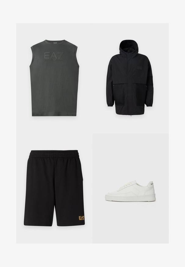 Casaco preto com capuz, feito de um tecido leve, apresentando painéis de malha, um fecho éclair frontal e punhos elásticos para um ajuste ajustável.; Top sem mangas em algodão cinza escuro com um logo EA7 Emporio Armani em relevo na frente, textura suave e decote redondo.; Calções desportivos pretos feitos de um tecido suave, com um cós elástico e um pequeno logótipo amarelo EA7 na parte inferior da perna esquerda.; Sapatilha de couro branco com acabamento suave, bico redondo, atacadores planos e uma sola texturizada. Apresenta um logotipo discreto no calcanhar.