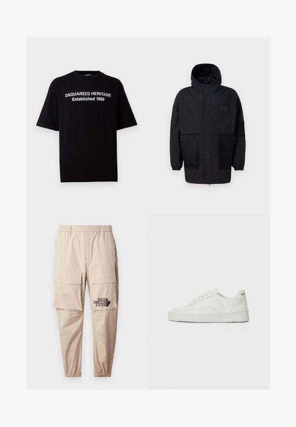 Chaqueta negra con capucha hecha de un tejido ligero, con paneles de malla, cremallera frontal y puños elásticos para un ajuste ajustable.; Camiseta negra de manga corta de algodón con cuello redondo, que presenta texto en blanco: "DSQUARED2 HERITAGE Establecido en 1995" en la parte delantera.; Pantalones cargo beige fabricados en un tejido ligero, con una cintura elástica, bolsillos con cremallera y un logotipo impreso en la pierna izquierda.; Zapatilla de cuero blanca con un acabado suave, puntera redonda, cordones planos y suela texturizada. Cuenta con un sutil logo en el talón.