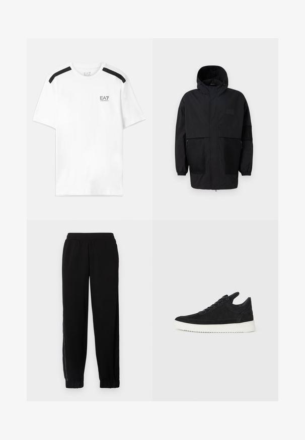 Melnā kapučjaka, kas izgatavota no viegla auduma, ar acs paneļiem, priekšējo rāvējslēdzēju un elastīgām aprocēm, kas nodrošina regulējamu piegulšanu.; Baila īsām piedurknēm T-krekls ar melnām akcentu svītrām uz pleciem. Uz krūšu daļas ir neliels melns logo. Izgatavots no mīkstas, gludas auduma.; Melni sporta bikses, izgatavotas no mīkstas auduma, ar elastīgu jostasvietu, ar piedurkņu malām un sānu sietu paneļiem papildu ventilācijai.; Melna zamša apavi ar baltu gumijas zoli, ar tonālu izšuvumu un auklu dizainu. Gluda tekstūra ar mūsdienīgu, plūstošu formu.