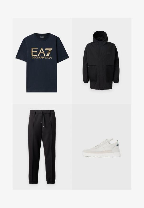 Svart hettejakke laget av lettvektig stoff, med mesh-paneler, en front glidelås og elastiske mansjetter for justerbar passform.; Marineblå bomull t-skjorte med et stort gulltrykt "EA7"-logo og "EMPORIO ARMANI"-tekst foran. Rund hals og korte ermer.; Sorte bukser med liv, snor og elastiske mansjetter. Har plisséer og et glatt, teksturert stoff.; Hvite lær sneakers med grå semsket skinndetaljer, snøring, bånd for å dra opp, og en teksturert gummisåle med en sikksakk-mønster.