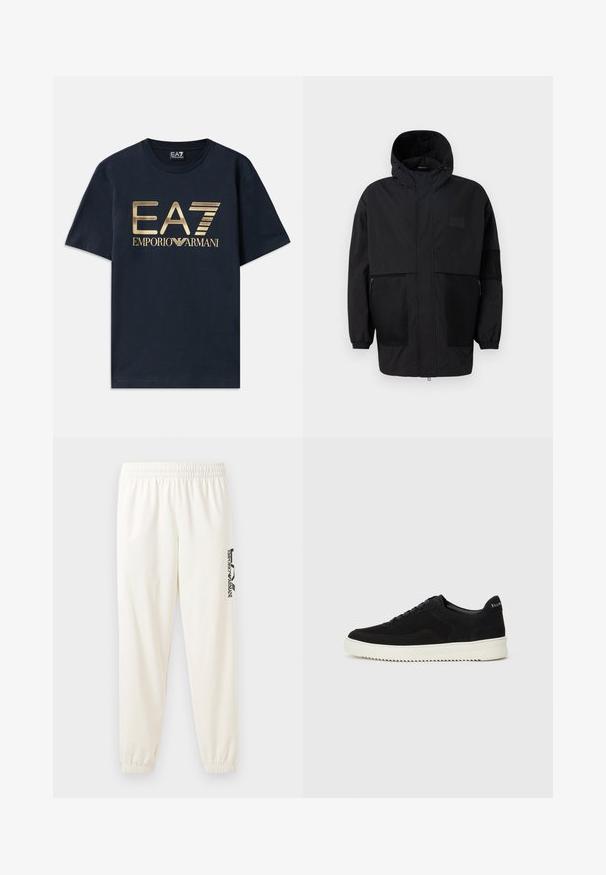 Črna kapuča jakna iz lahkega materiala, ki ima mrežaste panele, sprednje zadrgo in elastične manšete za prilagodljiv fit.; Mornarsko modra bombažna majica z velikim zlatim tiskanim logotipom "EA7" in napisom "EMPORIO ARMANI" na sprednji strani. Okrogla ovratnica in kratki rokavi.; Svetlosivi nedeljni hlače s elastičnim pasom in elastičnimi manšeti. Na levi nogi ima črn natisnjen logotip. Mehka tekstura tkanine.; Črni semiš teniški copati z vezalkami in kontrastnim belim gumijastim podplatom. Imajo teksturirane stranske panele in subtilno oznako na peti.
