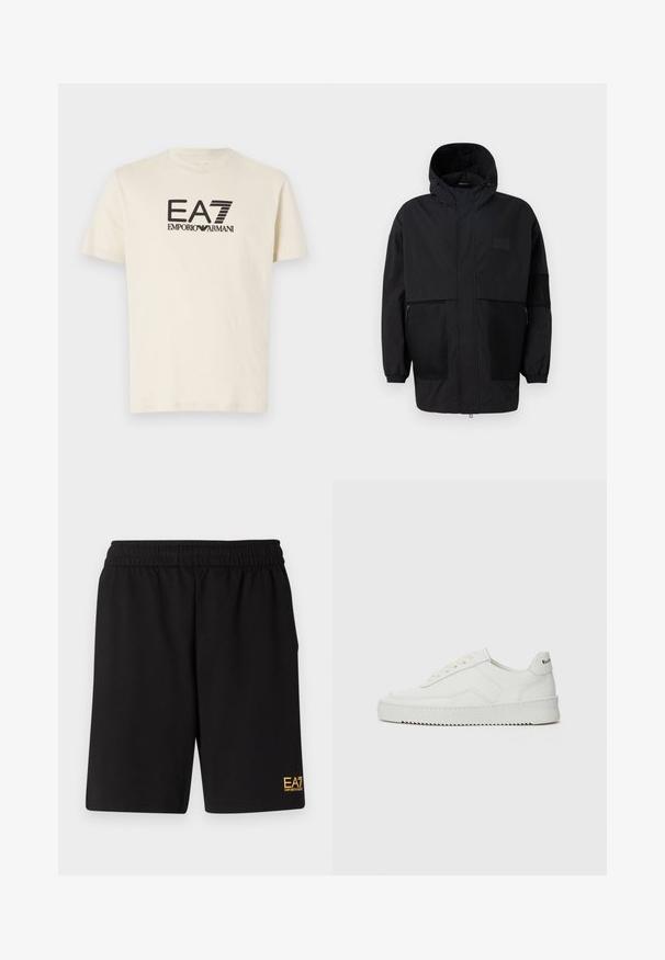 Μαύρο φούτερ τζάκετ από ελαφρύ ύφασμα, με πλέγμα, μπροστινό φερμουάρ και ελαστικούς καρπούς για ρυθμιζόμενη εφαρμογή.; Κρεμ βαμβακερό T-shirt με κοντά μανίκια, με μεγάλο μαύρο γραφικό λογότυπο "EA7 EMPORIO ARMANI" μπροστά.; Μαύρες αθλητικές βερμούδες από μαλακό ύφασμα, με ελαστική μέση και μικρό λογότυπο EA7 στο κάτω αριστερό πόδι.; Λευκό δερμάτινο sneakers με λείο φινίρισμα, στρογγυλή μύτη, επίπεδα κορδόνια και υφή στην σόλα. Φέρει μια διακριτική λογότυπο στη φτέρνα.