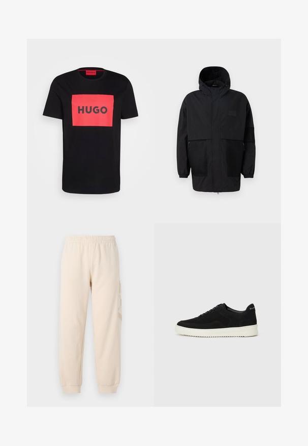 Black hooded jacket made from lightweight fabric, featuring mesh panels, a front zipper, and elastic cuffs for adjustable fit.; Black cotton t-shirt featuring a large red rectangular graphic with the word "HUGO" in bold black letters at the center. Round neckline.; Beige jogger pants made of soft fabric, featuring an elastic waistband and cuffed ankles. A subtle, embossed logo is on the side.; Black suede sneaker with lace-up design and contrasting white rubber sole. Features textured side panels and subtle branding on the heel.