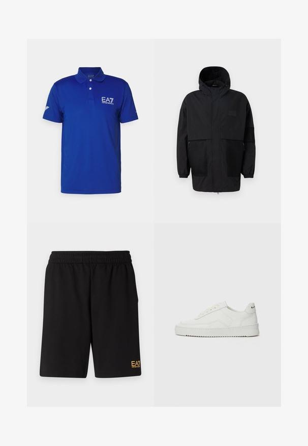 Čierna kapucňová bunda vyrobená z ľahkého materiálu, s priehľadnými panelmi, predným zipsom a elastickými manžetami pre nastaviteľné prispôsobenie.; Modrá polo košeľa vyrobená z priedušného materiálu, s golierom, troma gombíkmi a logom EA7 na hrudi. Krátke rukávy s jemným brandingom.; Čierne športové šortky vyrobené z jemného materiálu, s elastickým pásom a malým žltým logom EA7 na dolnej ľavej nohe.; Biele kožené tenisky s hladkým povrchom, okrúly špičkový dizajn, ploché šnúrky a textúrovaná podrážka. Obsahujú jemné logo na päte.